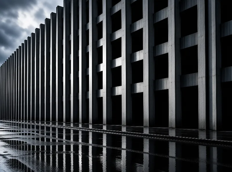 Repeating fins of weathered grey concrete march into the distance above a mirror of standing water under a stormy sky.