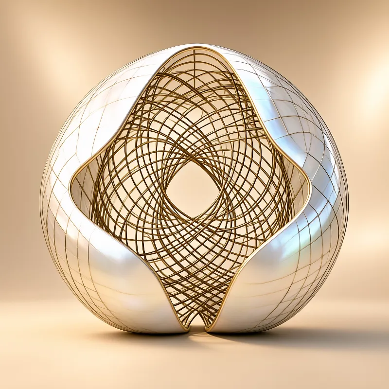 An iridescent white ovoid shell opens up to reveal a complex internal mesh of gold wires against a soft beige background.