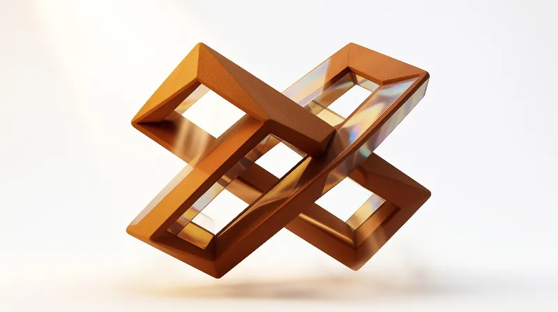 Two overlapping amber square frames float on a white backdrop, soft light making iridescent glints on inner edges.
