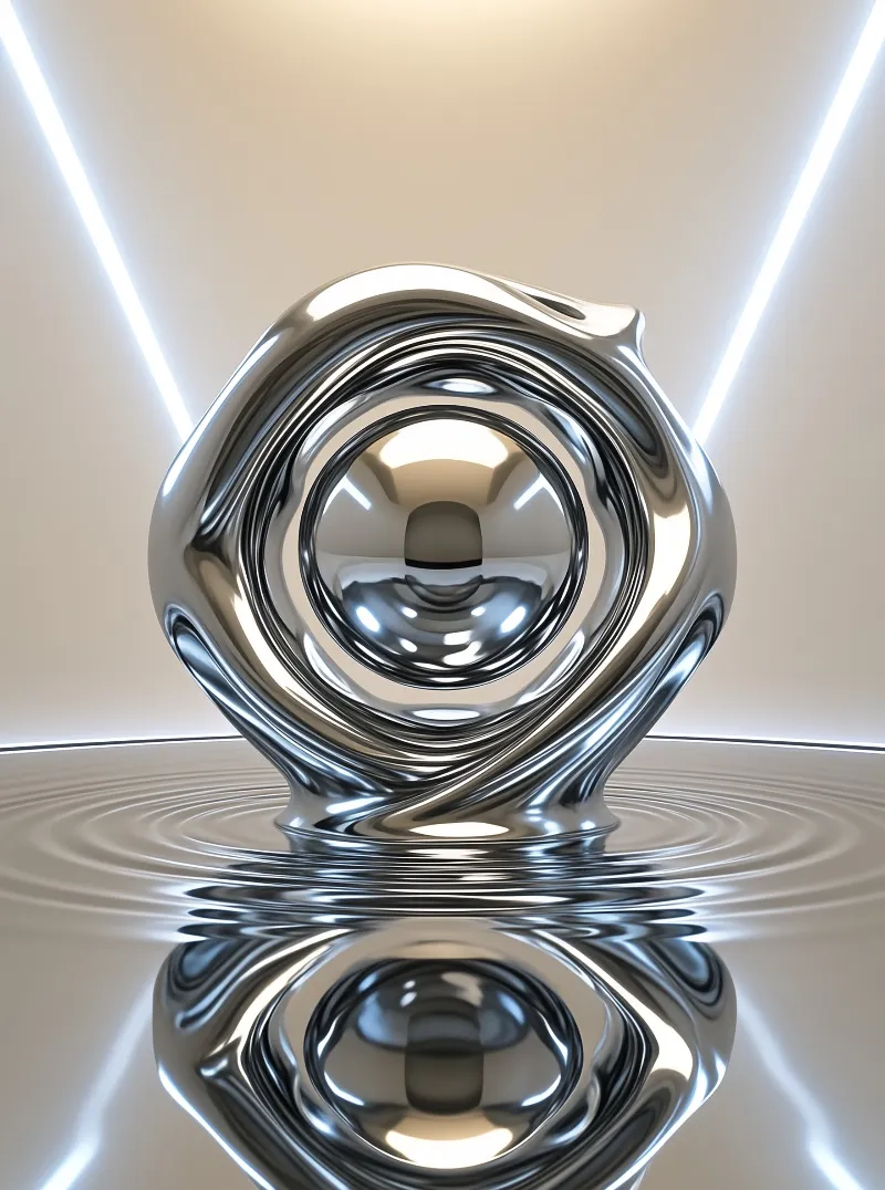 A molten silver torus stands on a rippled mirror floor framed by two angled strips of white light.