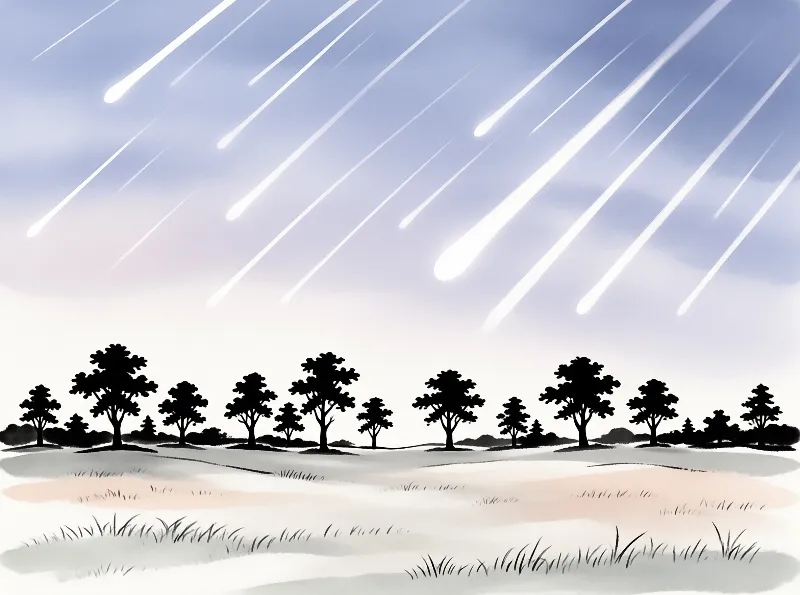Bright meteor trails streak across a hazy blue sky above rounded tree silhouettes and soft grassy ground.
