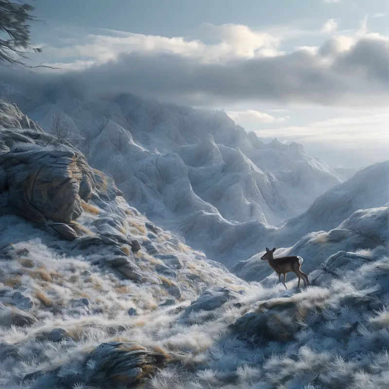 A brown deer stands on a frost-covered rocky ridge overlooking a vast snowy mountain valley under a cloudy sky.