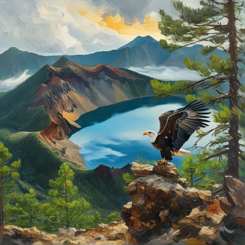 A bald eagle stands on a rocky ledge with wings spread, overlooking a blue lake surrounded by mountains and pine trees.