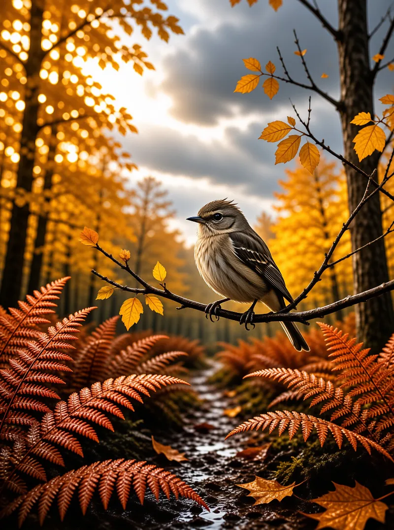 A small brown bird sits on a branch surrounded by orange ferns and yellow trees under bright sunlight