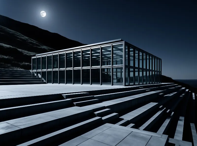 Rectangular glass building surrounded by concrete steps under a bright full moon in the night sky.