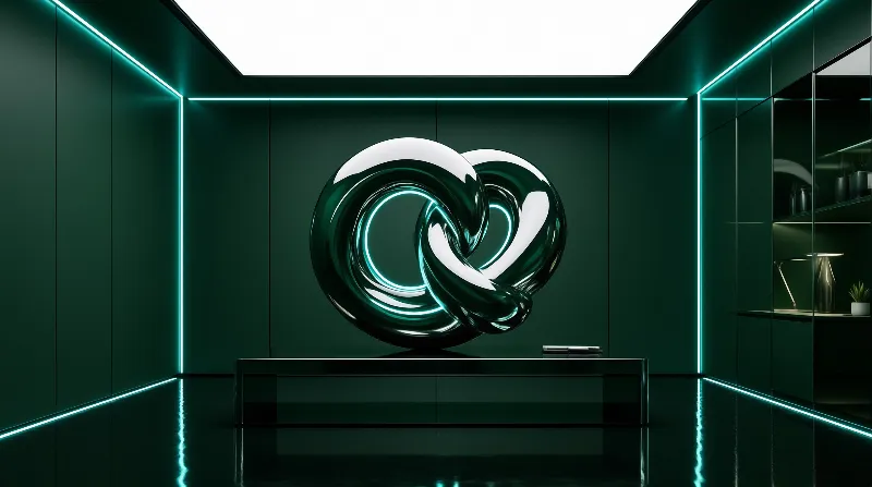 A shiny green knot sculpture rests on a black platform inside a room accented by neon teal LED lighting strips on walls.