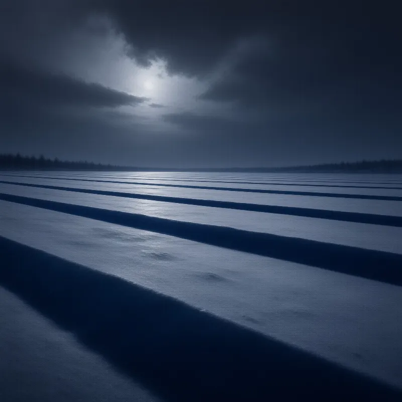 A wide blue snowfield of parallel ridge lines extends toward a distant tree line under dark clouds.