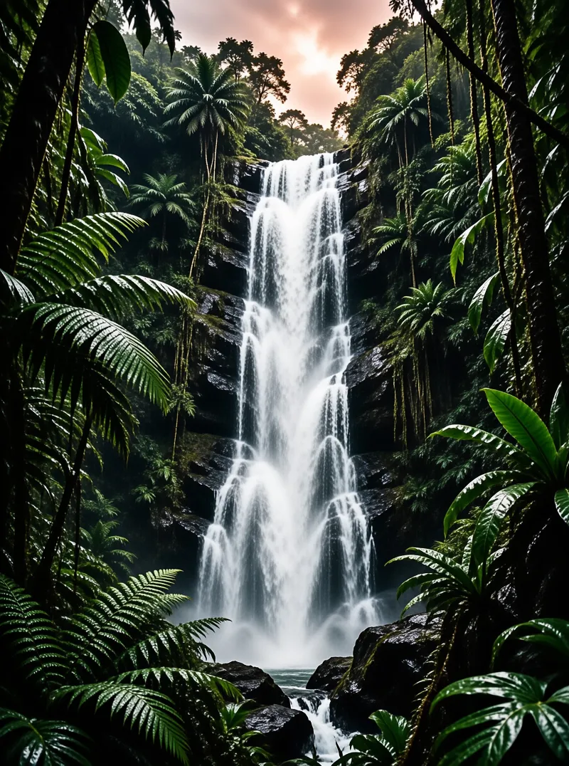 A multi tiered waterfall pours down dark rock walls while tropical ferns and palms close in from both sides.