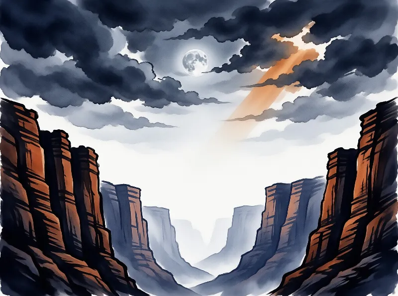 A full moon glows above a deep canyon while golden light breaks through dark clouds over red rock cliffs.