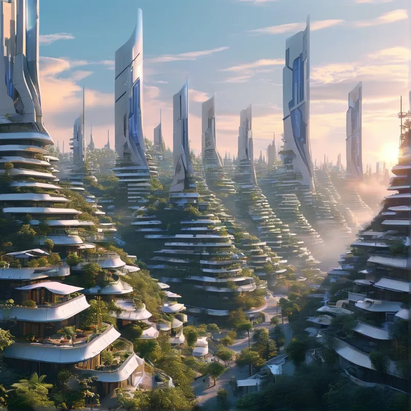 A futuristic cityscape featuring tall white buildings integrated with lush greenery under a soft golden sky