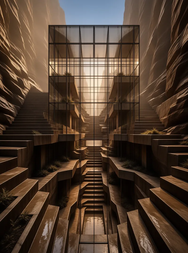 A geometric glass structure rises in a canyon surrounded by ascending concrete steps illuminated by warm sunlight.