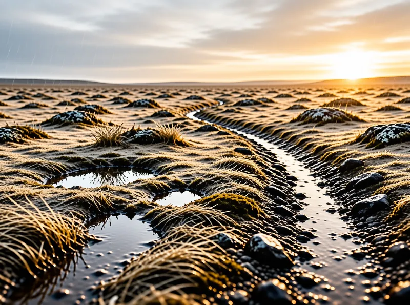 A meandering stream flows through dry grass tufts and wet rocks under a warm, low sun setting over a flat horizon.