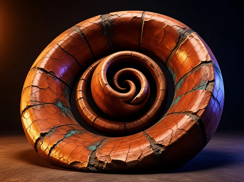 A weathered spiral fossil sits on a wooden surface with warm orange lighting and cool blue highlights on its side.