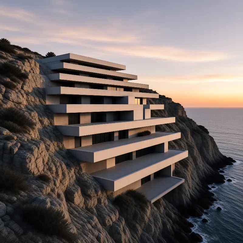 A multi-story building with cantilevered balconies is built into a rocky cliff overlooking the ocean during sunset.