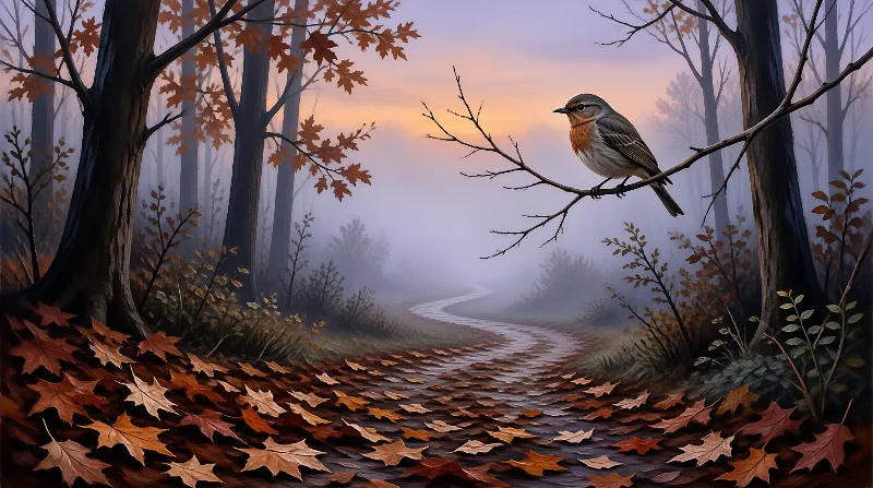 A small robin perches on a bare branch overlooking a mist-covered autumn path lined with orange leaves under a soft sunrise.