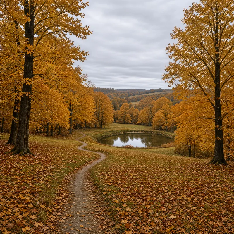 Autumn Forest Path with Pond