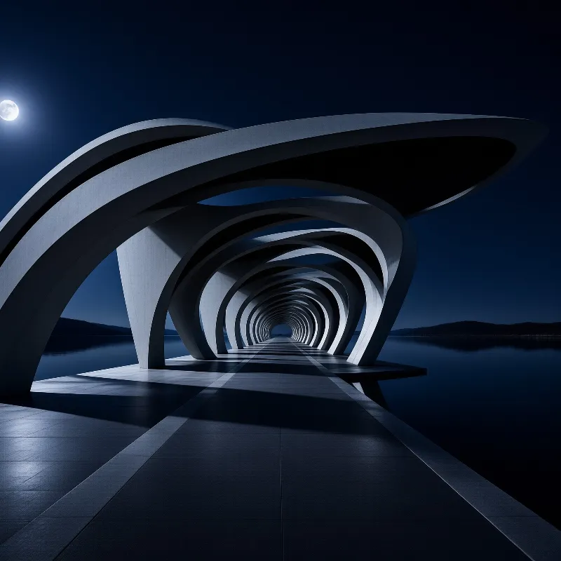 Sleek interlocking concrete arches form a long receding tunnel over still dark lake water, lit by a bright full moon in the night sky.