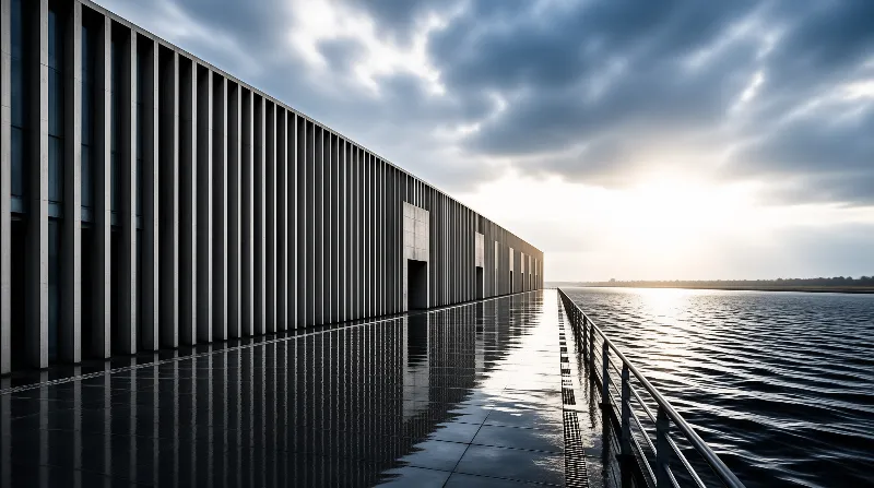A minimalist concrete building lines a wet promenade reflecting dramatic clouds and sunlight breaking through the horizon.