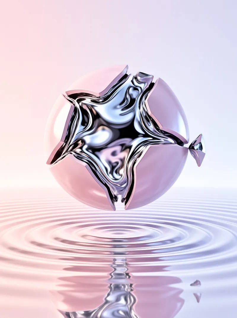 Soft pink shell fragments surround a viscous chrome substance floating above a reflective water surface.