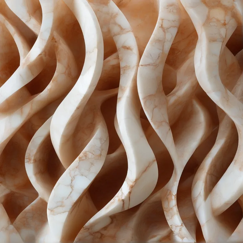 Polished stone curves twist like ribbons across the frame, veined with amber lines and soft shadowed gaps.