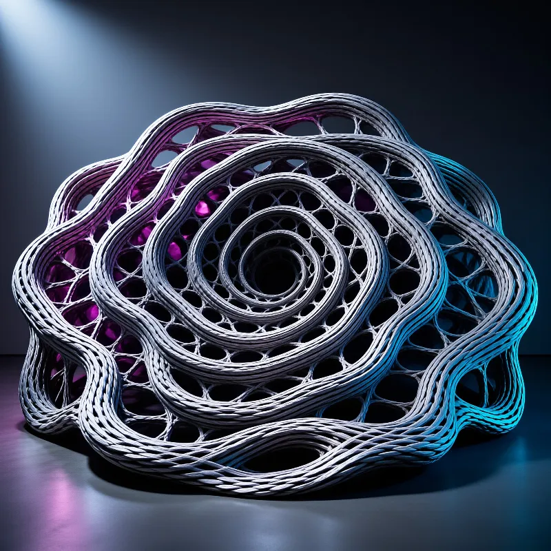 Twisted braided cords coil into a wide spiral shell lit by cool studio spotlights.