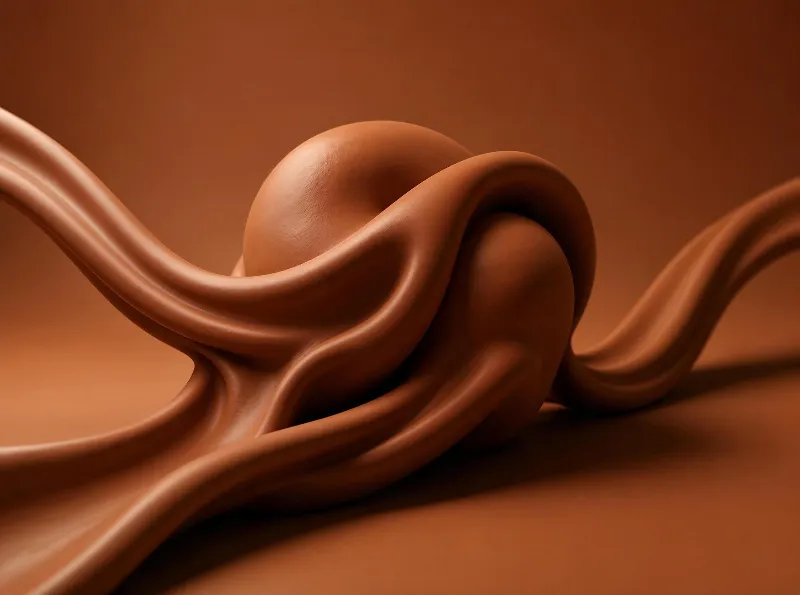 A smooth, twisted brown form rests against a matching brown background, casting soft shadows that highlight its curves
