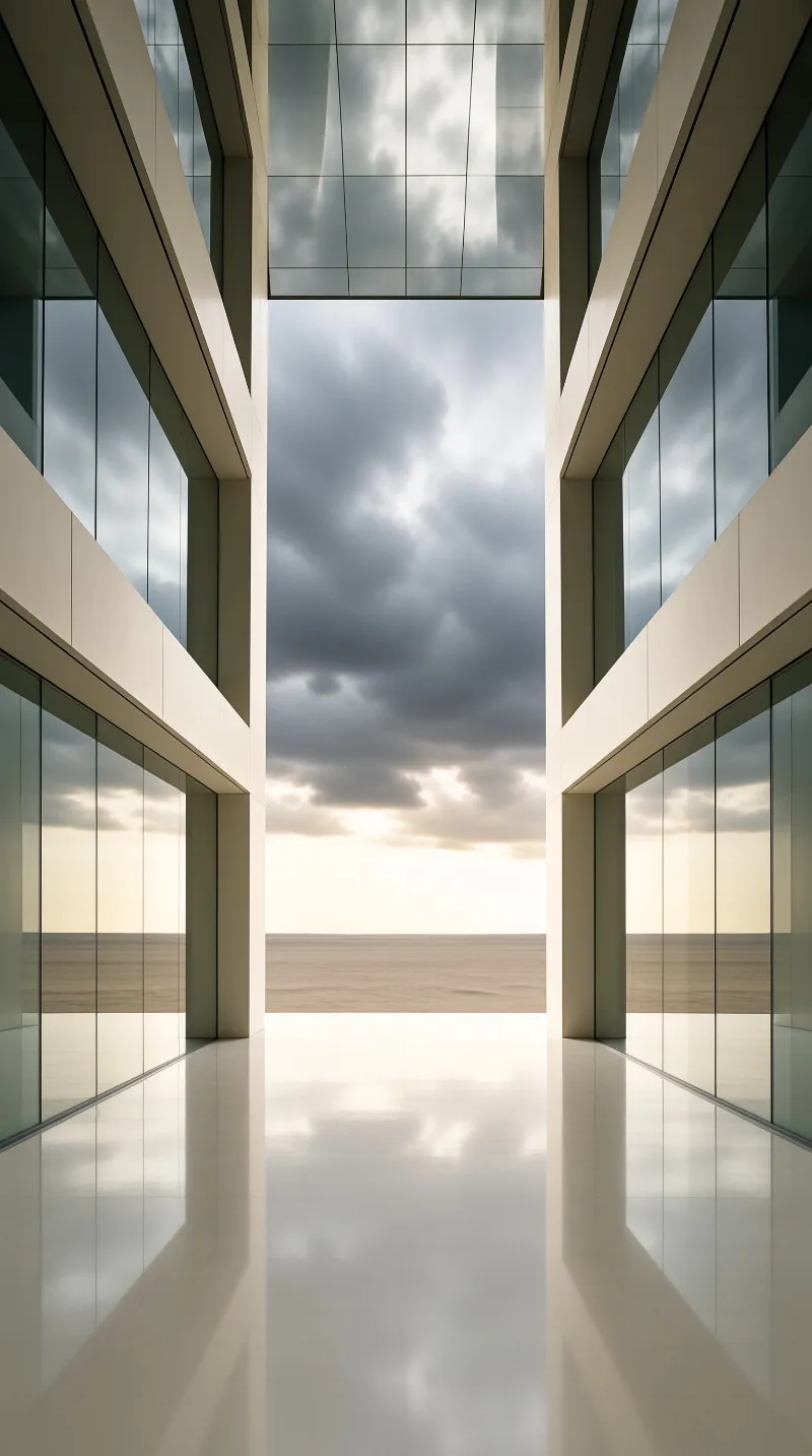 A symmetrical glass-walled passage opens to a vast salt flat beneath dramatic clouds and brightening sky