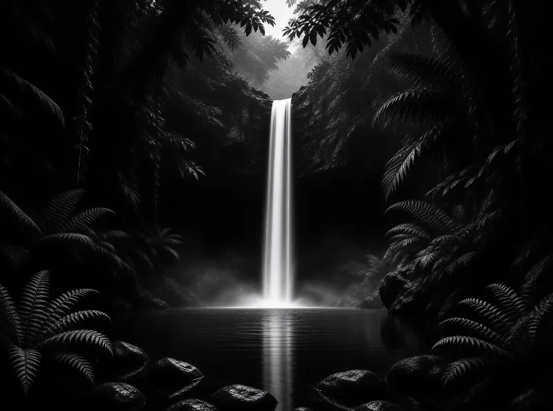 A monochromatic photograph showing a tall bright waterfall dropping into a dark still pool surrounded by ferns.