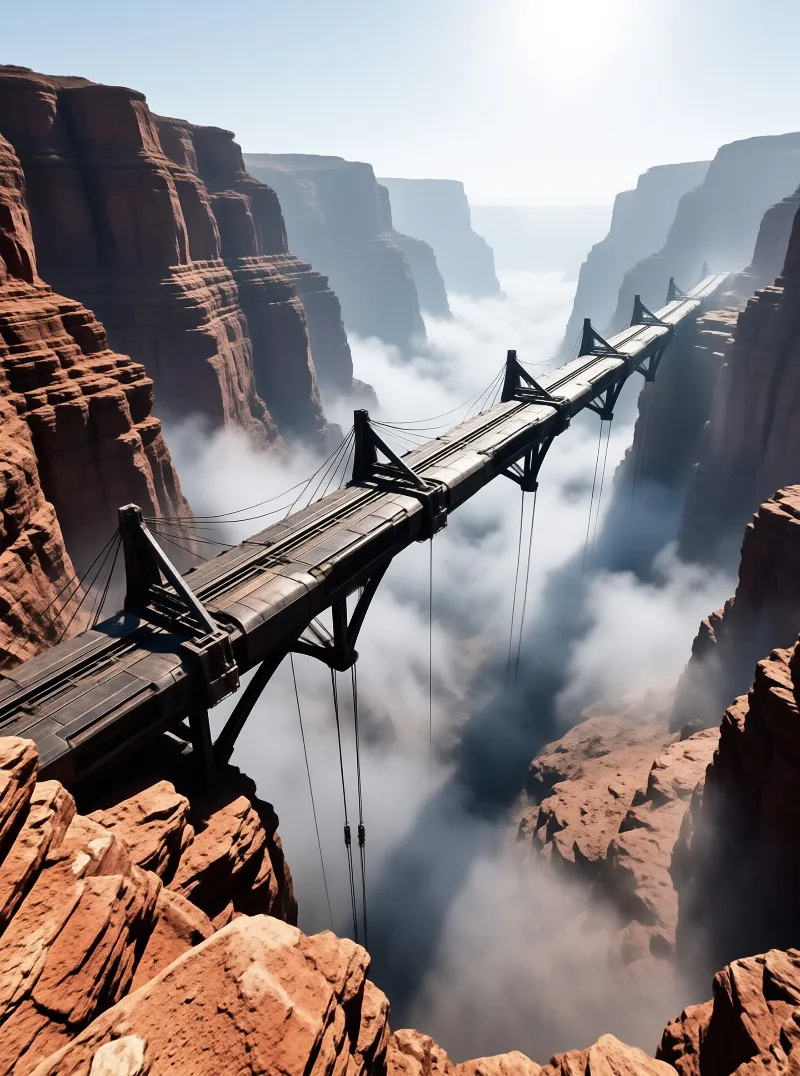 A long futuristic metal structure hangs across a deep rocky gorge filled with white clouds under bright sunlight.