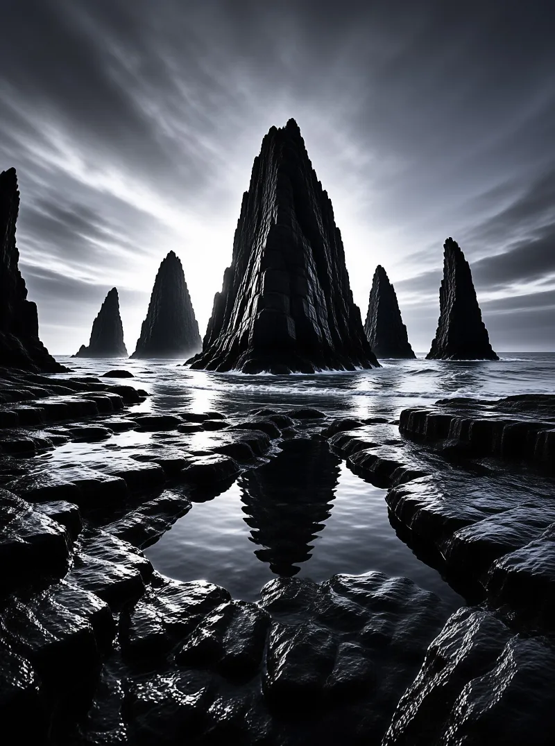 Towering dark rock pinnacles stand in shallow water and mirror in a still tide pool under a moody sky.