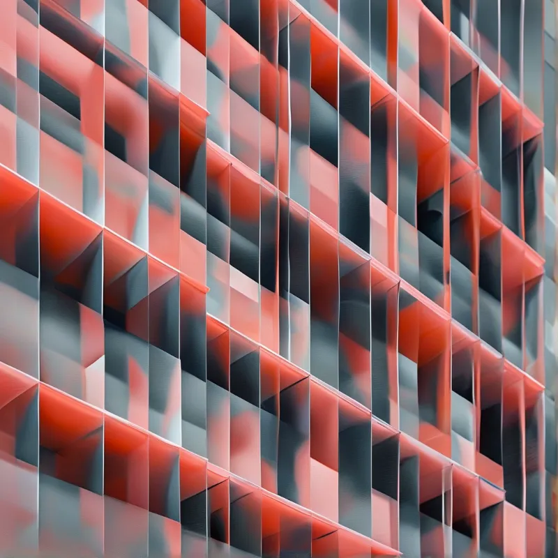 Diagonally angled building facade made of overlapping red and dark grey glossy panels catching warm light on their faces.
