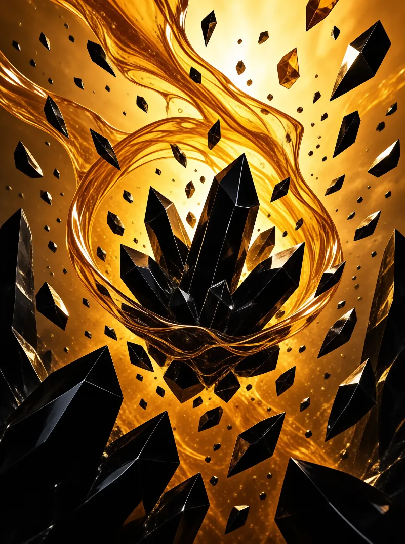 Sharp black mineral fragments burst outward amidst swirling streams of viscous amber fluid.