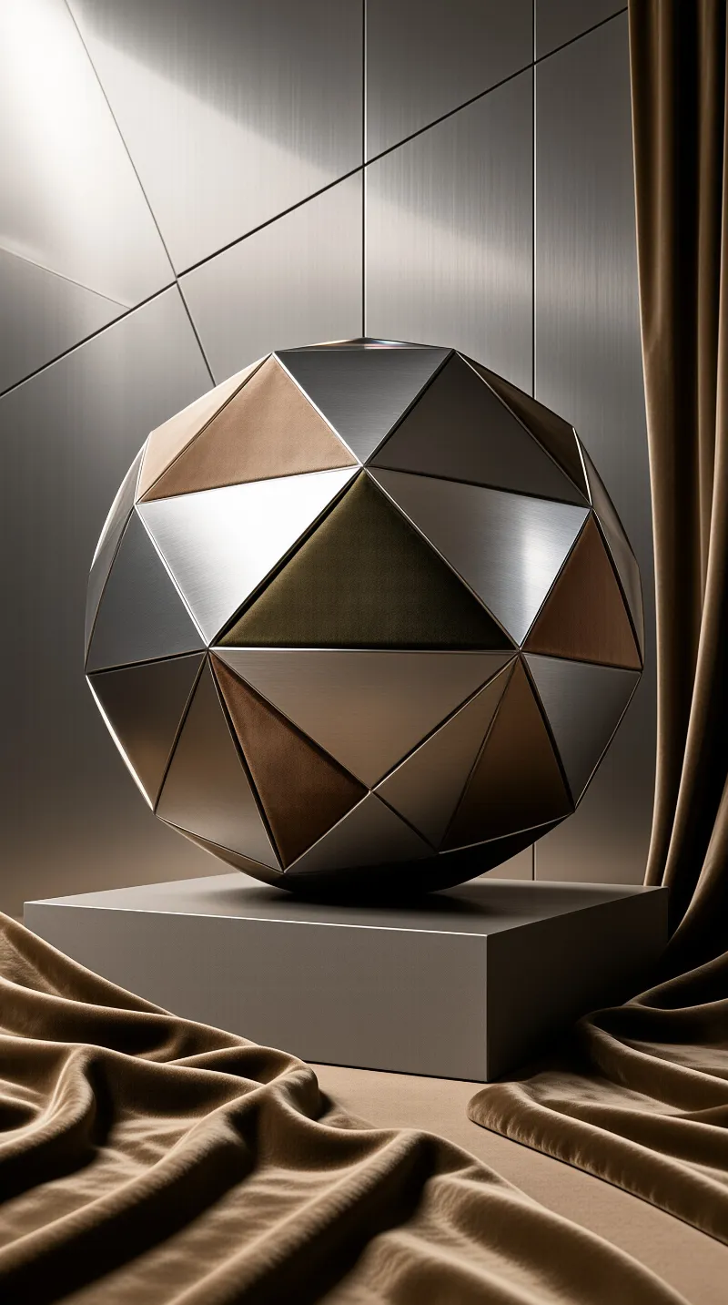 A faceted metallic ball rests on a gray pedestal surrounded by flowing brown velvet fabric under directional lighting.