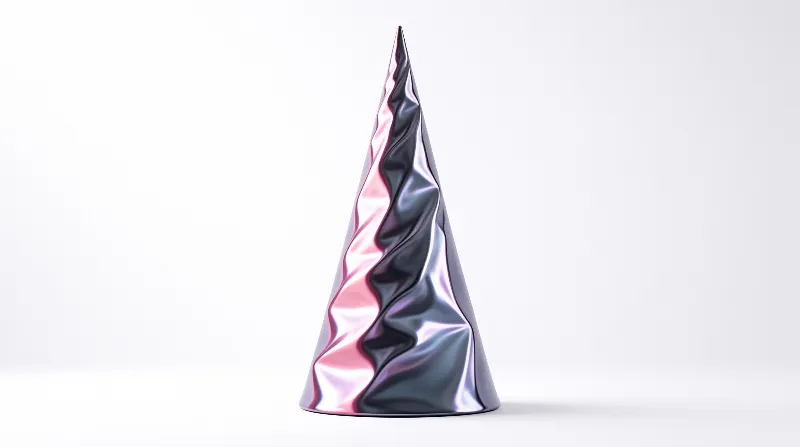 A tall rippled cone featuring iridescent pink and silver tones against a plain white surface.