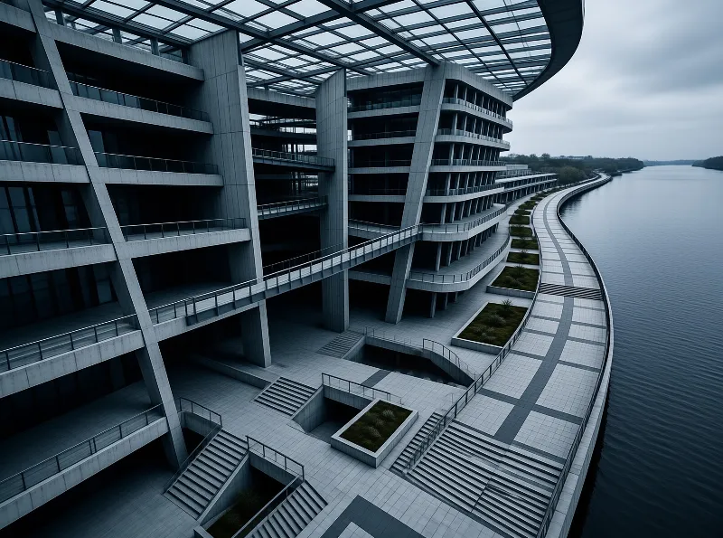 Multi-storey balconies curve beneath a lattice glass canopy while a paved embankment follows the calm water.