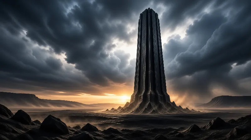 A towering dark monolithic spire sits in a desolate rocky landscape under storm clouds with warm sunset glow at its base.