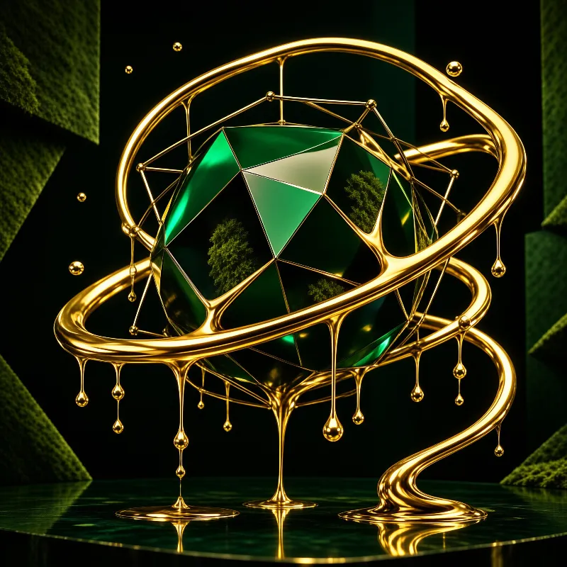 Faceted green crystal sphere with tree reflections encased in flowing golden metal with drips set against dark mossy surfaces under lighting