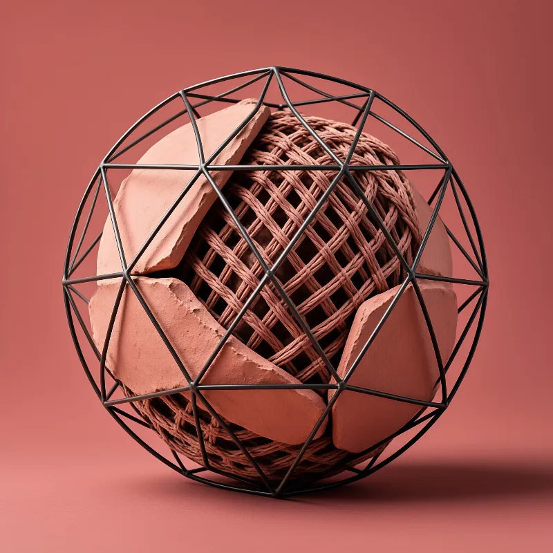 A black wireframe geometric sphere holds pink clay fragments and woven brown material against a solid salmon background.