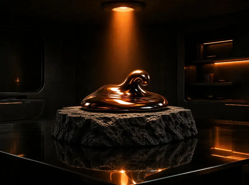 Metallic Sculpture on Stone Pedestal in Dark Room