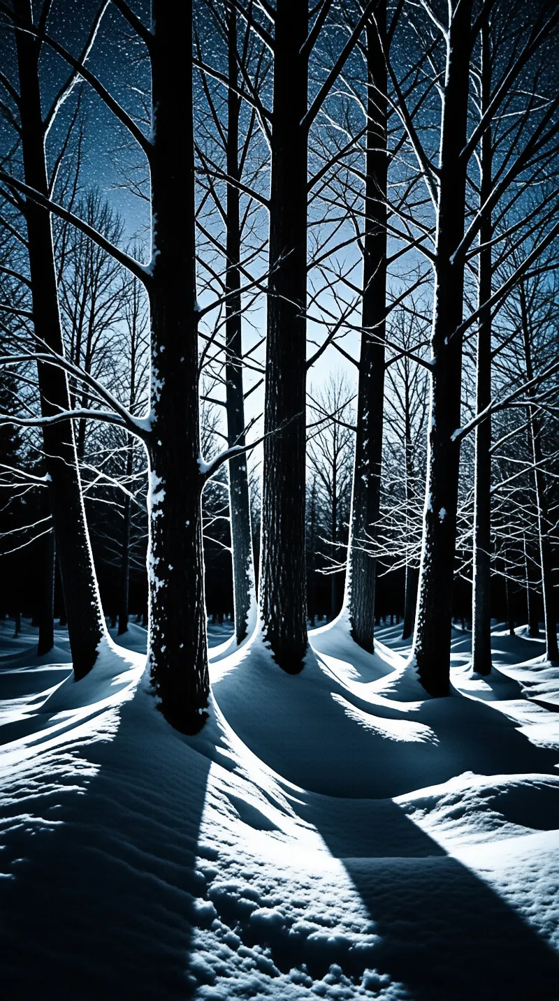 Tall bare tree trunks rise from deep snow under a star-filled midnight blue winter sky.