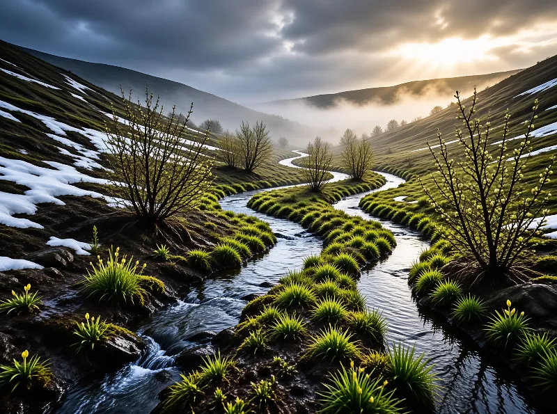 A winding stream flows through a green valley with snow patches as sunlight breaks behind clouds above misty hills.