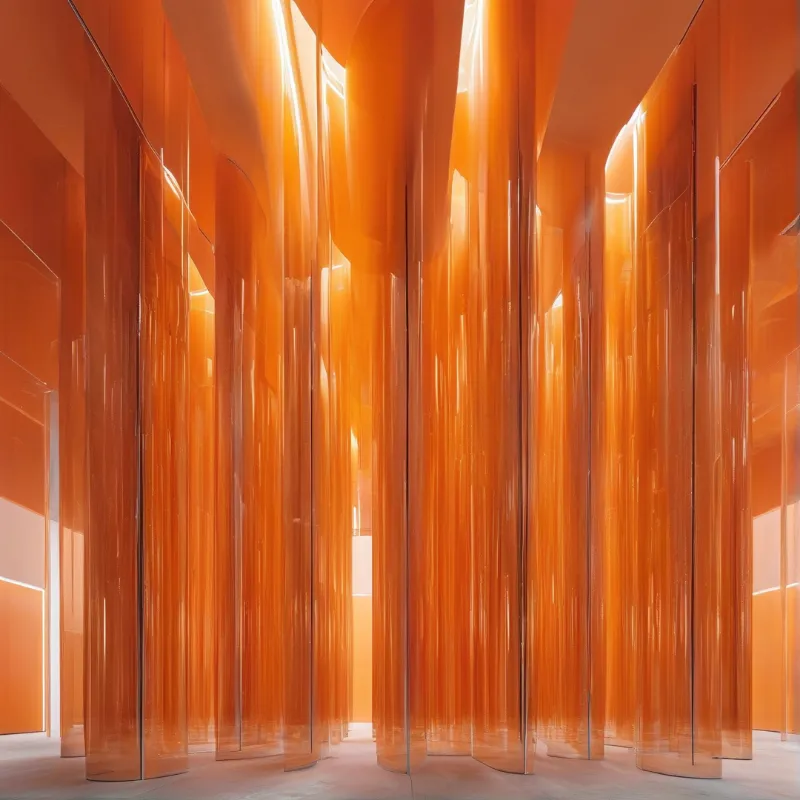 Vertical glowing amber sheets form a rhythmic interior partition in a minimalist space lit by bright ambient light.
