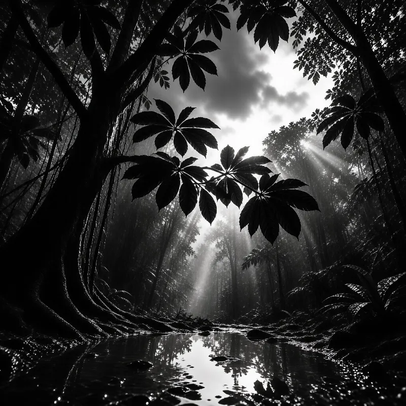 Sunbeams stream through a dense jungle canopy, illuminating the water reflections and silhouetted foliage on the banks.