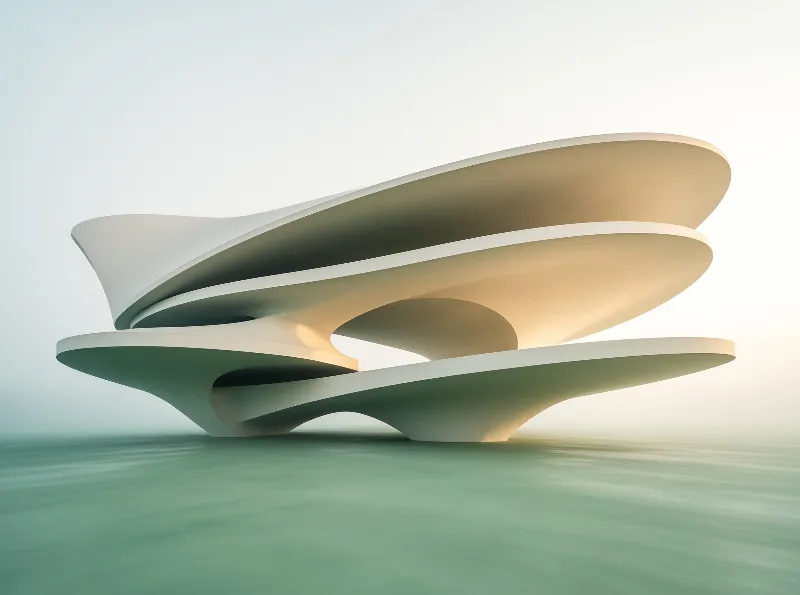 Layered smooth white architectural structure rises above a muted green flat expanse under soft diffused warm ambient light.