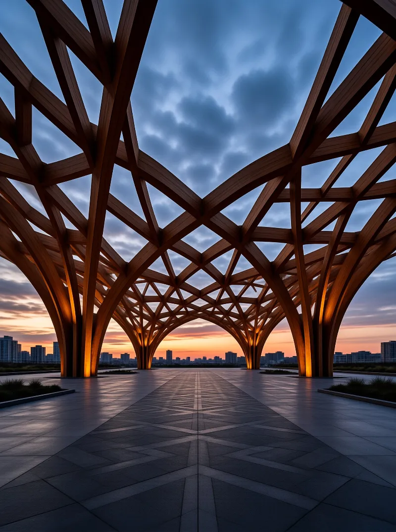 A massive geometric wooden trellis arches over a paved promenade with a city skyline visible under the twilight sky.