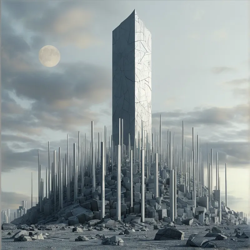 A cracked silver obelisk looms over a plain of slender columns and scattered rubble beneath a pale moon and grey clouds