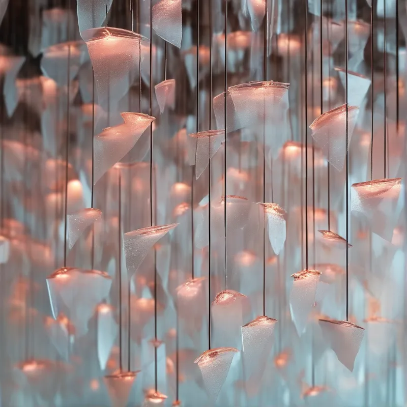 Suspended translucent cone lights glow warm pink against cool blue ambient light in a dense vertical arrangement.