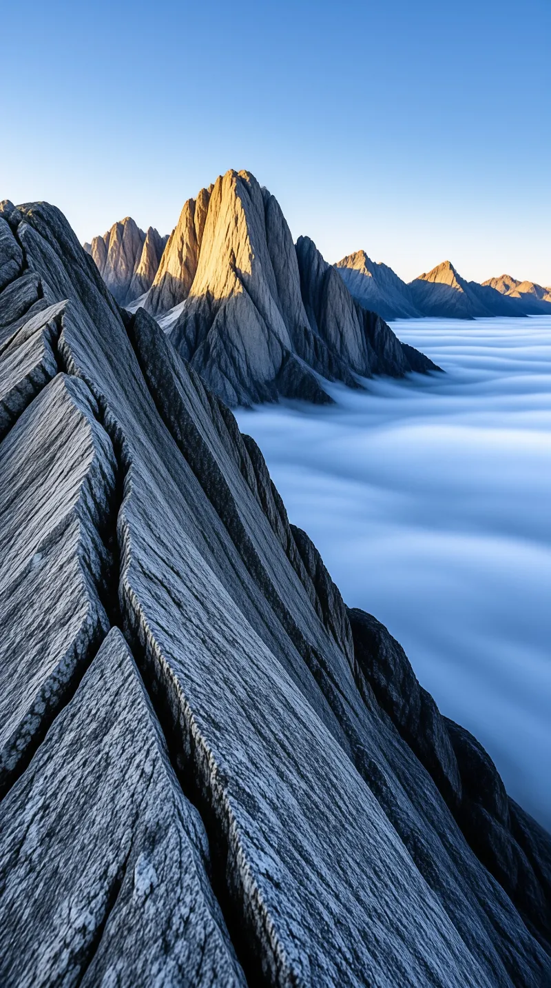 Sunlit granite ridges climb above a smooth sea of clouds under a clear blue dawn sky.