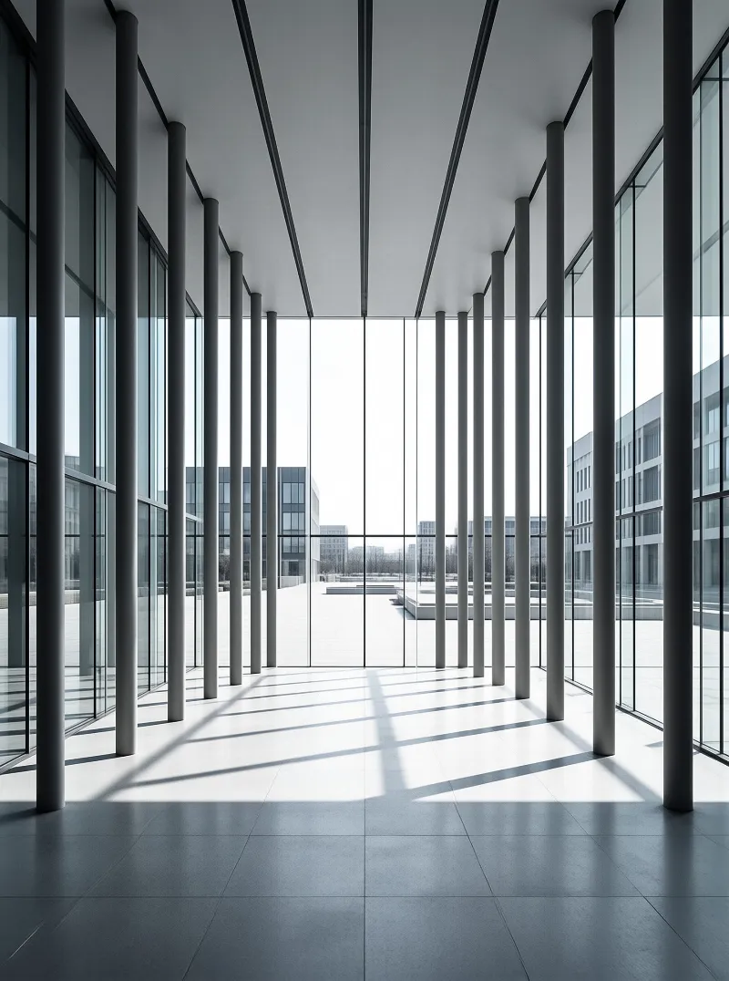 Tall grey pillars stand between floor to ceiling windows that let sunlight cast long shadows on the polished floor.