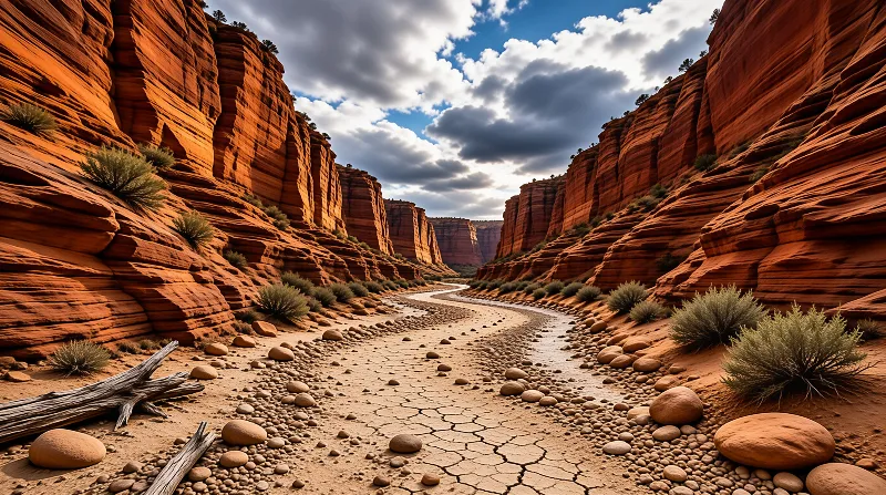 High red striated rock walls flank a pebbly cracked desert riverbed that curves far into the canyon below cumulus clouds.